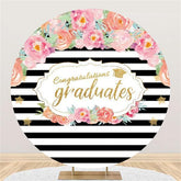 Lofaris Circle Black Stripe Pink Flower Graduation Backdrop